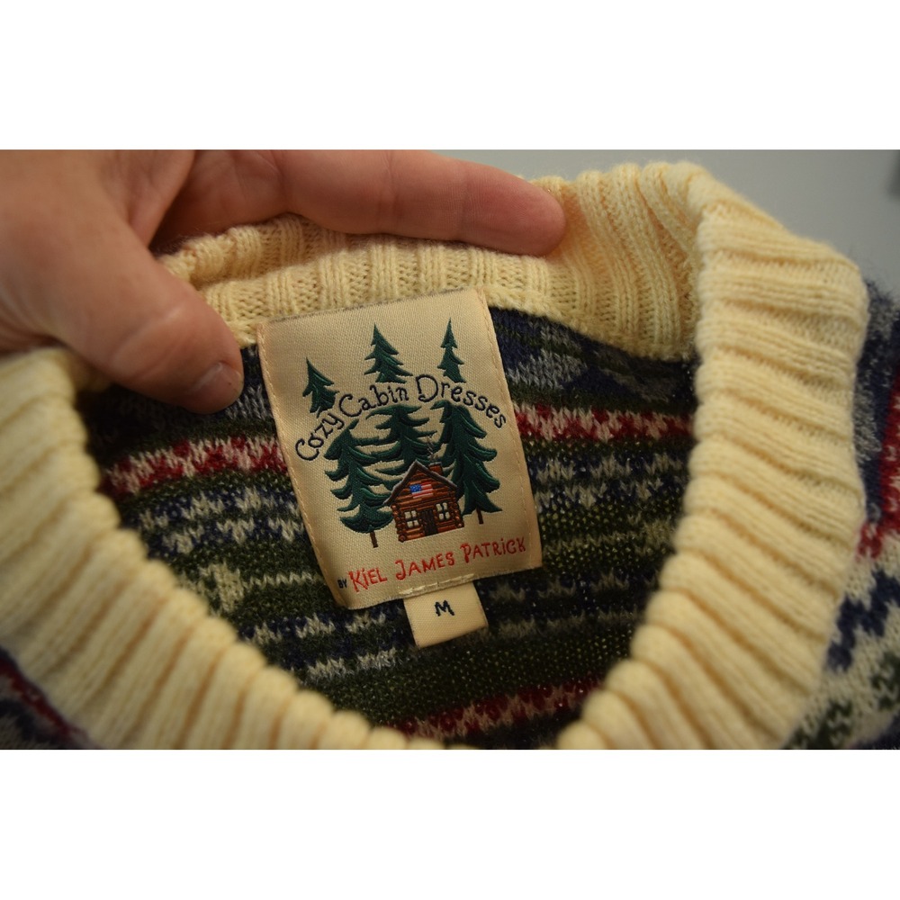 Kiel James Patrick Cozy Cabin Sweater Dress Medium Cream Fair Isle Moose - Picture 4 of 5